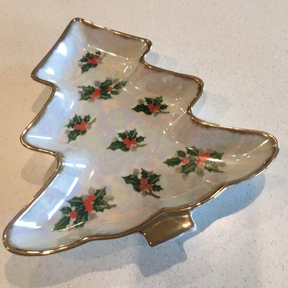 VTG 1970s HTF Lusterware 'Holly Berry' Pattern Christmas Tree Dish Ugagco Japan